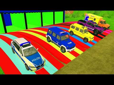 POLICE CARS AND FIRE ENGINE, BACKHOE LAODER, WATER TANK TRUCK TRANSPORT TO GARAGE - FS22