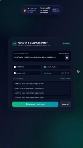 Secure UUID v4 & GUID Generator in JavaScript & Tailwind CSS | #Shorts
