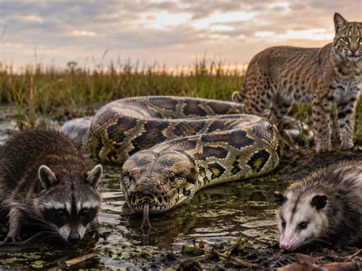 Burmese pythons invaded Florida’s Everglades in the 1980s; decades later, the decline in raccoon, opossum and bobcat population number is staggering