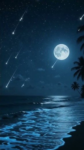 🌌 Bioluminescent Waves Under A Meteor Shower