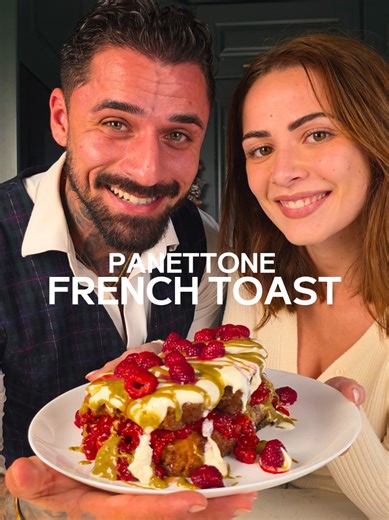 Panettone French Toast with Pistachio & Raspberries💚❤️ (Save for later 😍) Me and @Martine Cutajar turned this divine Sourdough Pistachio Panettone by @Maypolebakery into the best Christmas Breakfast possible 🤤 Let us know what you think 👇 Ingredients French Toast: 4 sliced pannettone (Maypole) 3 whole eggs 150ml milk 100ml cream 50g sugar 1tbs vanilla essence 1tbs cinnamon pinch of salt Filing: 500g raspberries 100g sugar 50ml cognac Top with whipped cream & pistachio cream #panettonefrencht