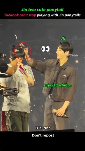 Taekook can't stop playing with Jin cute ponytails.