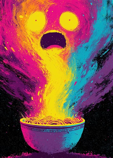 'Exploding Ramen Bowl with Face' Poster, picture, metal print, paint by MichaelThompson | Displate