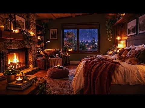 Peaceful Rainy Night in a Forest Cabin | Gentle Rain, Distant Thunder, Crackling Fire & Sleeping Pet