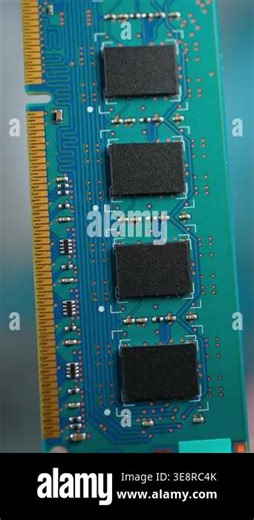 RAM stick with DRAM, Dynamic Random Access Memory chips. Core storage components holds data temporarily for quick CPU access. Storage of binary information using billions of capacitors and transistors Stock Video Footage - Alamy