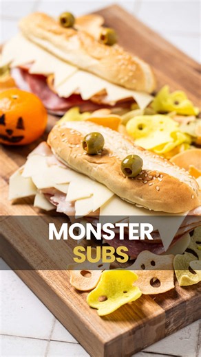 Save this for an easy festive dinner before trick or treating! #easyhalloweendinner #easyweeknightmeal #fundinners #familyfriendlydinner #monstersubs
