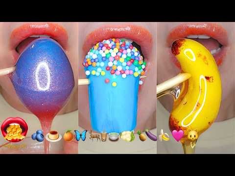 Satisfying ASMR Eating Sounds Emoji Food Challenge Honey Jam Filled Gummies Fondant