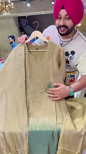 Goldenish Beige & Rama Shimmer silk Fully Hand Embroidered Ombre Print Girish Party Wear Suit