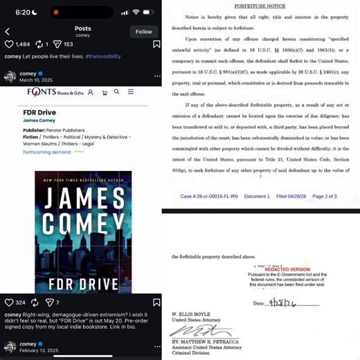 BREAKING: The DOJ is now pushing to SEIZE James Comey’s profits from his crime book, as prosecutors believe part of the reason he posted a threat on President Trump’s life was to DRUM UP book salesDOJ is going HARD after this guy 🔥The “forfeiture action” included in Comey’s indictment points out that Comey posted the threat FIVE DAYS before his books release, which was May 20, 2025.His lG shows that his “8647” post was SURROUNDED by book promo posts.The indictment demands Comey “forfeit to the 