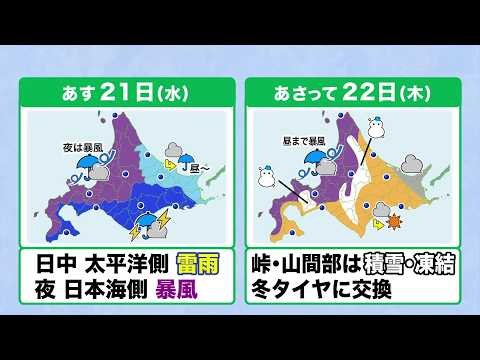 【北海道の天気 20日(火)】きょうは貴重な秋晴れ…あすから荒れた天気！暴風や峠・山間部の積雪・凍結に注意