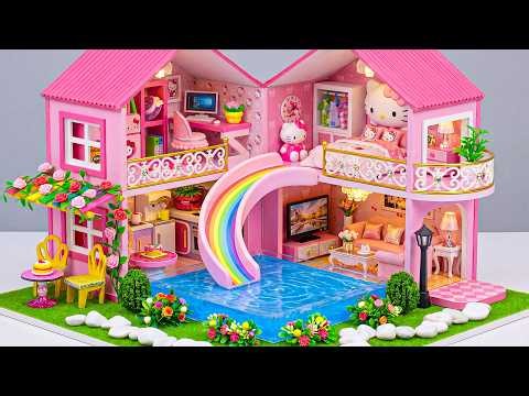 Build Luxury Pink Dollhouse With Secret Rainbow Slide Down To The Pool 🌈 | DIY Miniature House