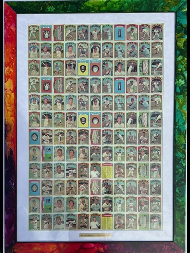1972 Topps Uncut Baseball and Football Card Sheets This client made my day. He asked if they made psychedelic moulding. My response was I’m not sure, but I can ✌️The pop art color and graphics of the Topps baseball cards in ‘72 warranted a creative display. This uncut sheet has 132 cards. 52 years of age. 37”x49. I used frost suede mat, double glass (front and back) 3” moulding which I sanded then did an ink and polyurethane pour and let the colors do their dance until they dried then added a po