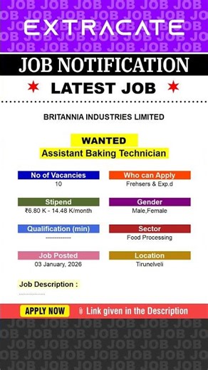 BRITANNIA INDUSTRIES LTD Job For Freshers | Assistant Technician | Career 2026 | Job Vacancy Shorts