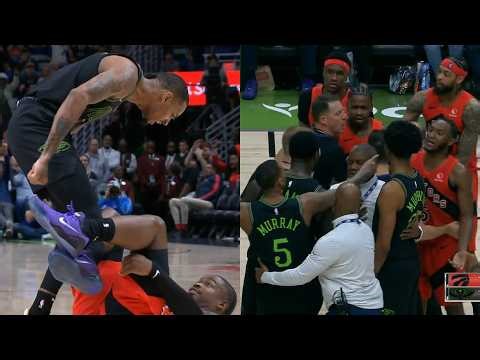 Dejounte Murray drops Shead then stands over him and yells and things get heated 😭