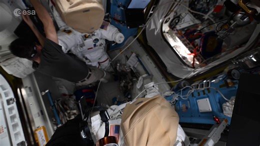 Day 050, orbit 0774 – Remember when my crewmates @Astro_Jessica and @Astro_ChrisW conducted an EVA? This fun timelapse shows @astro_hathaway and I helping them suit up and closing the hatch behind them!#εpsilon • @esa • @esaspaceflight • @NASA • @NASA_Johnson • @Space_station