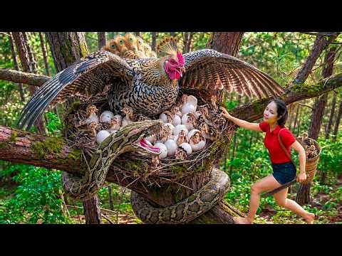 Harvest Giant Wild Chicken, goose egg in the Trees & Go To Market Sell, Rescuing chicken from python