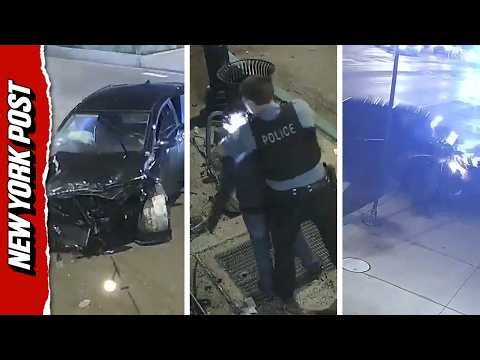 CCTV Captures Wild Moment an Out-of-Control Car Slams Into a Cafe While Being Chased by Cops