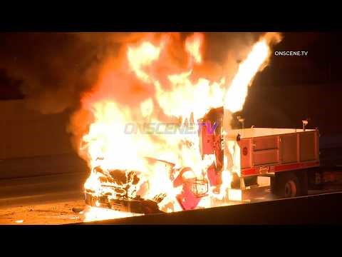 Caltrans Truck Catches Fire With Explosion, Carson, CA