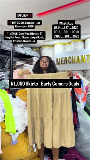 E F F U R U N - MOUNT YOUR CHEENA 🔥 BUY ANY QUANTITY‼️ - SELECT AS YOU LIKE ‼️ I SELL ONLY BRAND NEW WEARS AND ALL PRICES POSTED ARE REAL✅✌️ THERE WILL BE NO CHANGE OF PRICE. ALL PRICES ARE REAL AND FINAL‼️ 📍 DATE: 30th October – 1st November, 2026 📍 VENUE: CaneWood Hotels, 67 Hospital Road, Ekpan, Jakpa Road, Effurun, Uvwie LGA. COME AND BUY AFFORDABLE QUALITY WEARS AT RIDICULOUS PRICES!!!! SEE YOU SOON