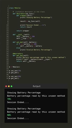 #python #pythonDecorators #python decorators with classes | Mobile Battery Example.