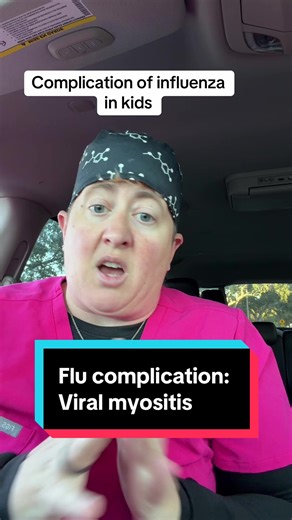 Viral myositis (aka benign acute childhood myositis) causes pain in the lower legs/calves and sometimes in the thighs as well. The treatment is generally hydration to protect the kidneys from tge muscle breakdown products #flu #virus #complication #emergency #viralmyositis Scub cap and becklace from @Shop Ladyspinedoc Disclaimer: For educational and entertainment purposes only and should not be regarded as medical advice or replace the advice of your physician
