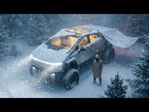 Winter Camping in Snow & Rain | 24 Hours in a Tesla Cybertruck