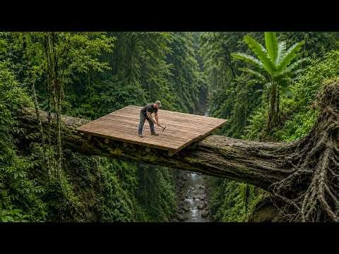 Building an Amazing Shelter Cabin on a Giant Fallen Tree | Bushcraft Treehouse, Catch and Cook