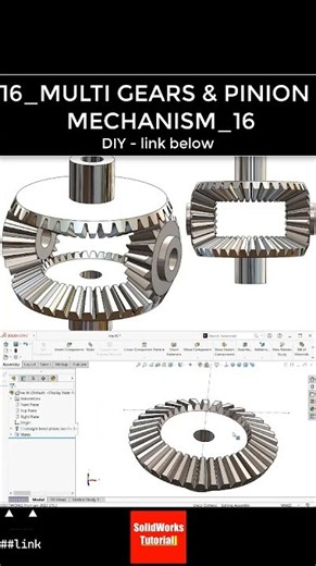 Mechanism 16: supported Multi gears & pinion (input) bevels transmission - SolidWorks Tutor#CAD #CAM