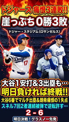 【ドジャース崖っぷち3連敗】大谷6番起用で1安打3出塁＆朗希痛恨の1失点…スネル7回被弾で逆転許しWS3連覇へ後がない！NLCS第3戦速報【MLB2026】