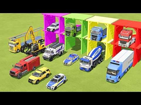 TRANSPORTING FIRE TRUCK, POLICE CARS, DUMP TRUCK, BOX TRUCK, SCANIA BUS , MAN TRUCK - FS22