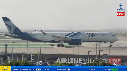Our first time catching this live! Delta Air Lines Airbus A350-900 “100 Years” livery takes off from LAX, seen on the Airline Videos Live broadcast on January 20th, 2026. #airlinevideoslive #airlinevideos #airports #aviation #aviationgeek #aviationdaily #airplanes #aviationlovers #airbusa350 | AIRLINE VIDEOS