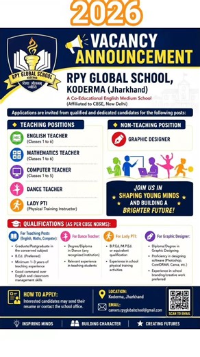 Teaching vacancy at RPY Global school Koderma Jharkhand #teacher #job #jharkhand
