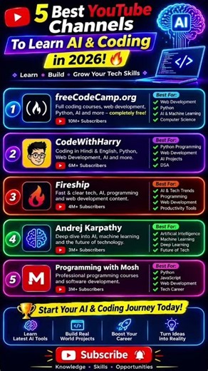 🔥 5 Best YouTube Channels to Learn AI & Coding in 2026! 🤖💻 #AI #Coding #Tech