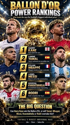 Kane leads the Ballon d’Or race! Yamal, Mbappé & Messi are right behind🏆🔥#mbappe #ballondor#ytshorts