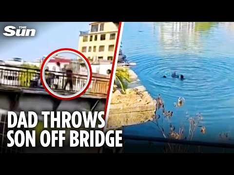 Shocking moment man throws son into a river before his wife dives in