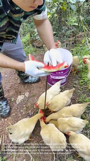 Watermelon Treat: Farmer Feeds Chickens Slices on a Stick