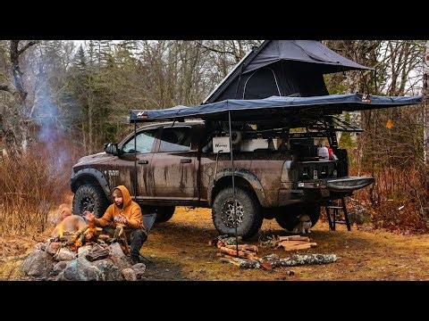 Camping in HEAVY RAIN with Truck Camper Next To a Lake