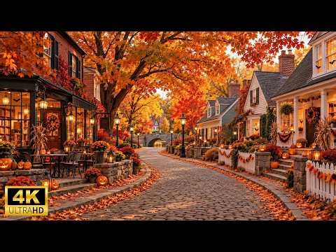 Cozy Autumn Street with Glowing Pumpkins 🎃 Relaxing Piano Music & Golden Leaves for Quiet Reading