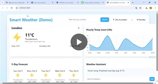 I developed a Smart Weather Prediction Website (demo)using Python Flask as the backend framework, integrating the OpenWeather API to fetch real-time weather data. The application features a dynamic… | Raksha S V
