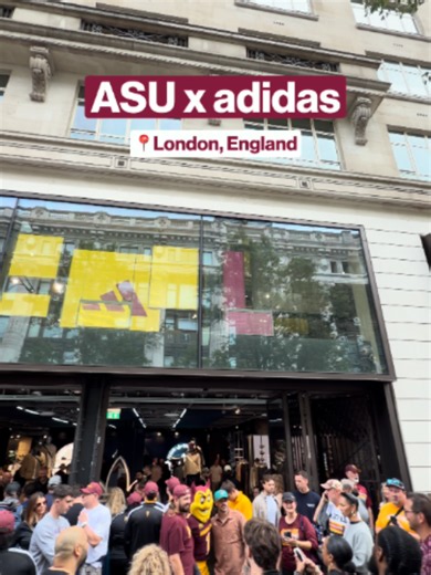 Sun Devil Nation showed out in London as our @adidas partners hosted a pep rally at their Oxford Street store ahead of the Union Jack Classic. With exclusive merch and a live performance by the Sun Devil Marching Band, it was a great time in the heart of London. Who’s ready for the @unionjackclassic? 🔱 #london #adidas #band #peprally #asu