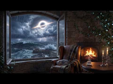 Stone Cottage by a Stormy Alien Sea — Fireplace, Waves & Thunder for Sleep & Space Relaxation