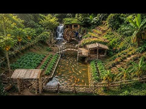 Time-lapse video: Building a Villa in The Forest. Wooden House, Power Plant, Gardens & Fish Pond