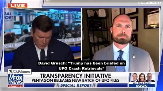 David Grusch BOMBSHELL: "Trump has been briefed on UFO Crash Retrievals" 🛸👽👀The first batch of UFO & alien files were rolled out earlier today by The PentagonGrusch told Fox News’ Bret Baier that President Trump was fully briefed on UFO crash retrievals during his first term. He said the current president is very knowledgeable on this subject. This lines up with Grusch’s claims of recovered non-human biologics from those programs. What does Trump actually know about all this? Do you think ful