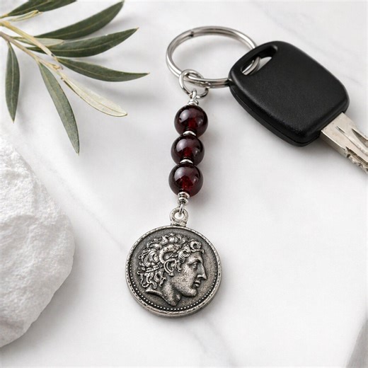 Alexander the G R E a T Coin Keyrings, Wine Red Garnet Stone 12mm, Gemstone Ancient Greek Gift - Etsy