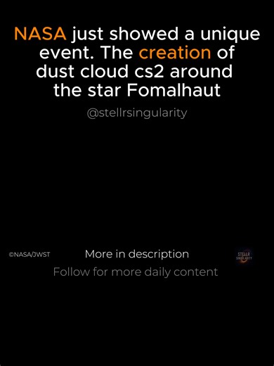 The video shows the sequence of events leading up to the creation of dust cloud cs2 around the star Fomalhaut. In the opening frames, Fomalhaut appears in the top left corner. Two white dots, located in the bottom right corner, represent the two massive objects in orbit around Fomalhaut. These objects approach each other and collide, resulting in a huge debris cloud that initially resembles an exoplanet as seen in reflected light. Years later, starlight is able to push the dust cloud outward fro