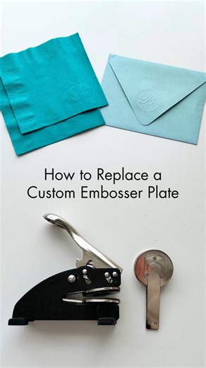 Paper Source on Instagram: "Here's how to swap out your custom embosser plates if you have multiple designs: 1. Lift the embosser tool handle 2. Pinch the embossing plates and slide them out 3. Keep handle lifted and slide the new plates in 4. Press down on the handle to secure 5. Use on books, journals, napkins, envelopes, etc! Save this post for later! Shop this tool and other plate designs at the link in bio. #embossing #personalized #stationery #papersource"