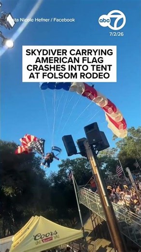 Skydiver carrying American flag crashes into tent at rodeo