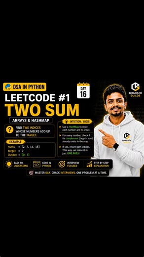#leetcode #twosum #python #dsa #hashmap #codinginterview #problemsolving #algorithms #datastructures #softwareengineering #pythonprogramming #techcommunity #placementpreparation #learninginpublic… | Bharath K