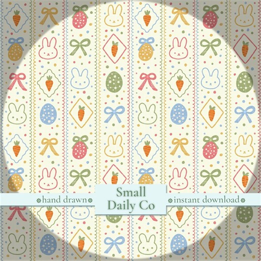 Vintage Easter Stripe Bunny Seamless Pattern: Coquette Bows Pastel, Spring Fabric Design, (hand-drawn PNG Digital Paper | Commercial Use) - Etsy