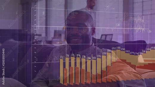 Seated man on sofa watching while 3D grid appearing and building analytics bar chart around him